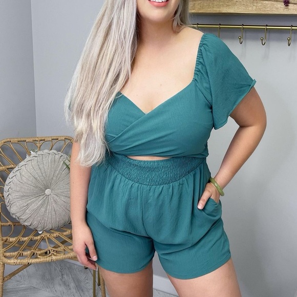 Teal Short Sleeve 2-way Romper - Picture 2 of 8